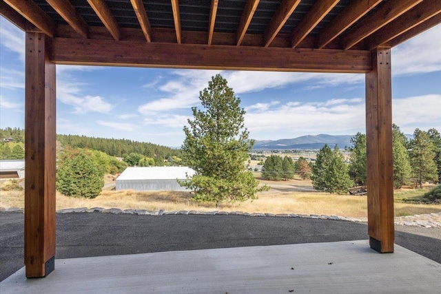 view of patio with a mountain view