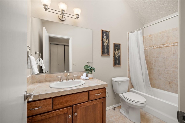 full bathroom featuring vanity, tile patterned floors, toilet, a textured ceiling, and shower / tub combo with curtain