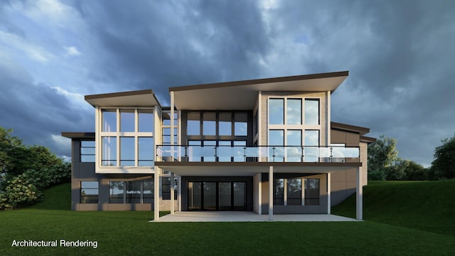 back of house featuring a lawn, a balcony, and a patio