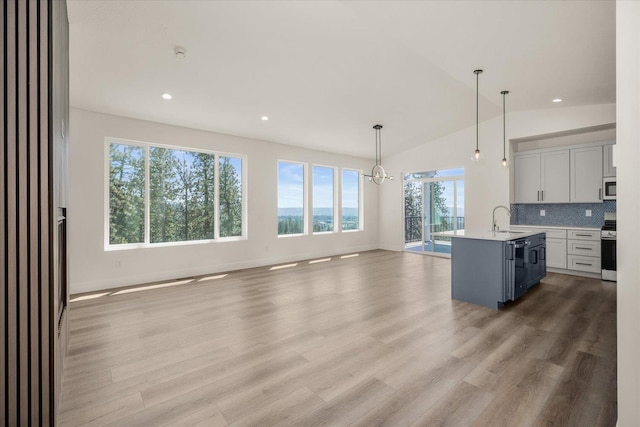 4217 W Tolliver Ct, Spokane, WA 99208 - kitchen with open floor plan, stainless steel range, light countertops, light wood-type flooring, and a kitchen island with sink