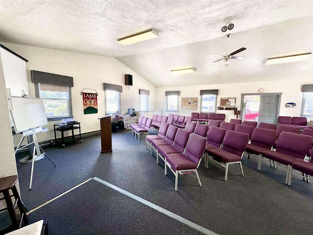 home theater with a textured ceiling, ceiling fan, and lofted ceiling