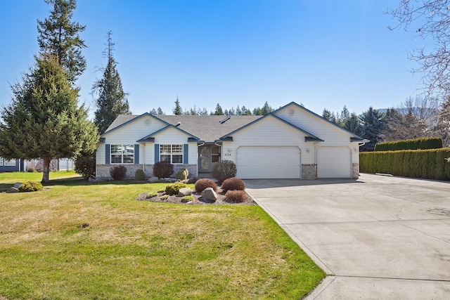 ranch-style house with a front yard and a garage