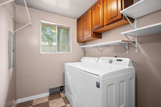 laundry area featuring washer and clothes dryer, cabinets, and electric panel