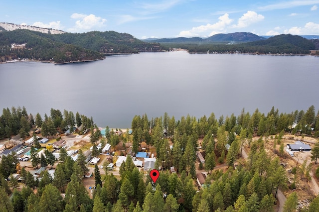 birds eye view of property with a water and mountain view