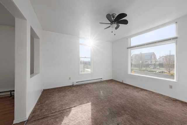 carpeted spare room featuring ceiling fan and baseboard heating