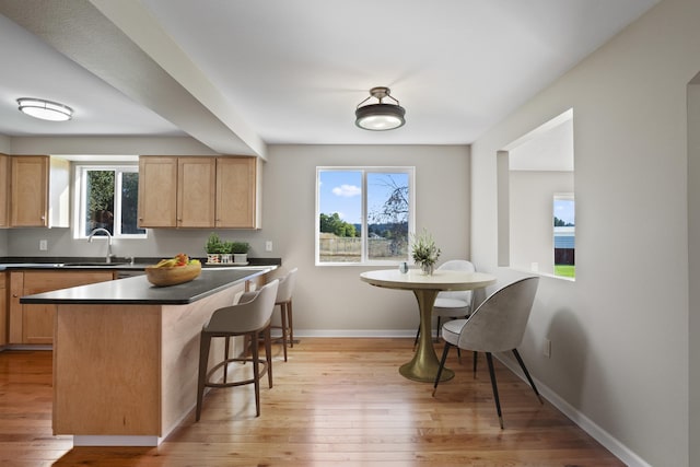 kitchen featuring light brown cabinets, light hardwood / wood-style floors, a breakfast bar area, and sink