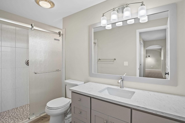 bathroom with vanity, toilet, an enclosed shower, and wood-type flooring