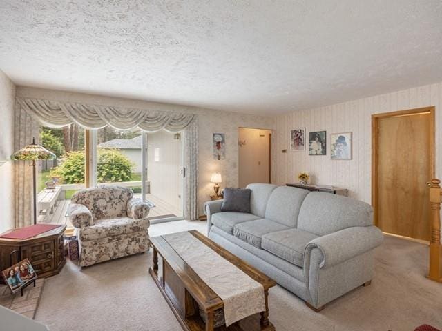 living room featuring a textured ceiling and carpet floors