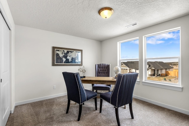 carpeted dining space with a textured ceiling