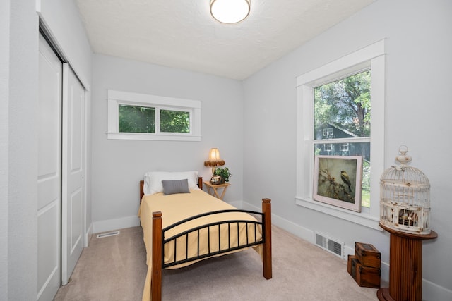 carpeted bedroom featuring multiple windows, a textured ceiling, and a closet