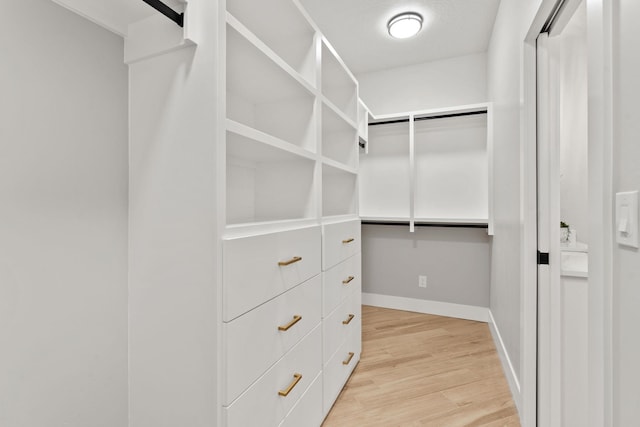 walk in closet with light hardwood / wood-style flooring