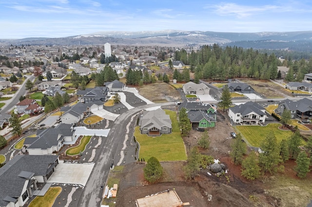 drone / aerial view featuring a mountain view