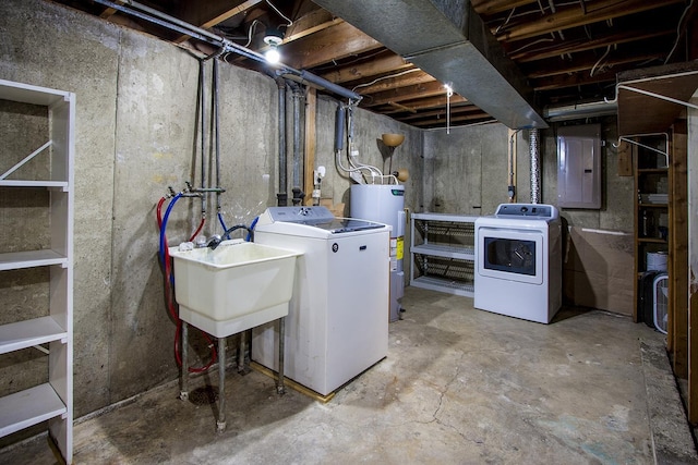 basement with washer and clothes dryer, electric water heater, sink, and electric panel