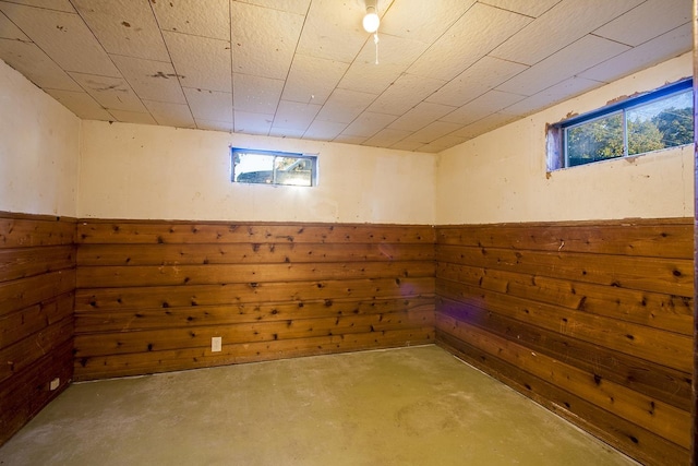 basement featuring plenty of natural light and wood walls