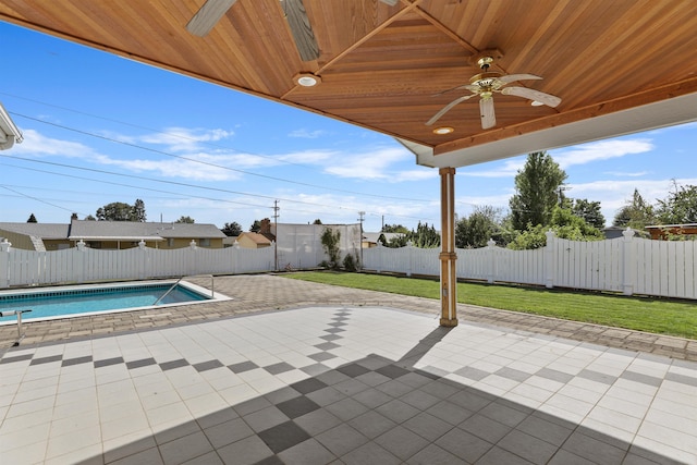 view of patio / terrace featuring a fenced in pool and ceiling fan