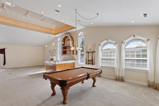 game room featuring a healthy amount of sunlight, light carpet, pool table, and vaulted ceiling