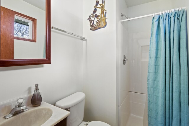 bathroom with toilet, vanity, and walk in shower