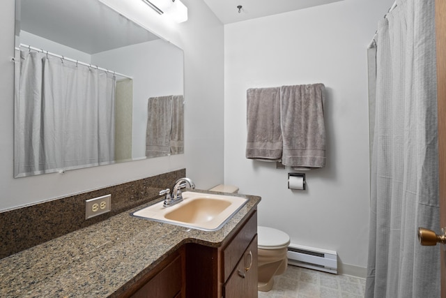 bathroom with vanity, a baseboard radiator, toilet, and curtained shower