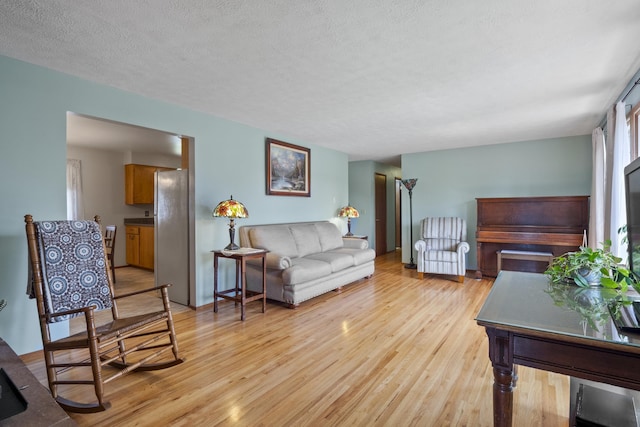 living room with a textured ceiling and light hardwood / wood-style floors