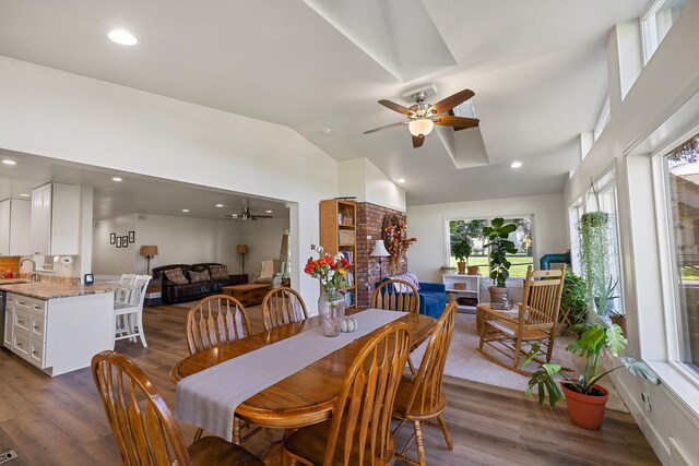1323 E Deerhaven Ave Dalton Gardens, Dalton Gardens, Coeur D Alene, ID 83815 - dining room with dark hardwood / wood-style flooring, ceiling fan, lofted ceiling, and sink