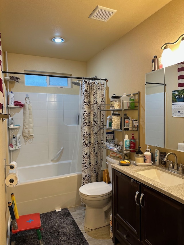 full bathroom with shower / bath combo, toilet, and vanity