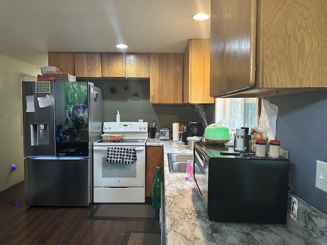 kitchen featuring electric range, black fridge with ice dispenser, and dark wood-type flooring