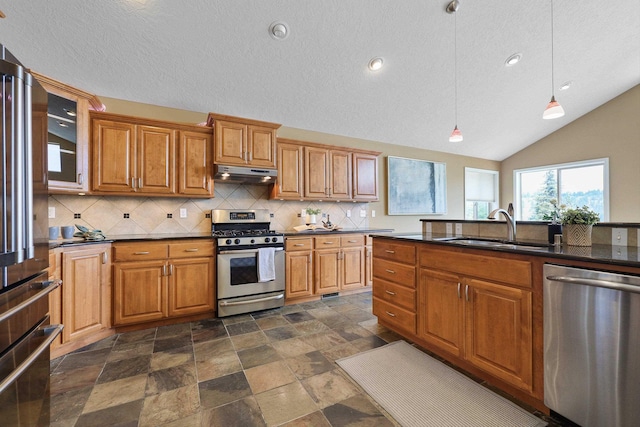 kitchen with sink, backsplash, vaulted ceiling, decorative light fixtures, and appliances with stainless steel finishes