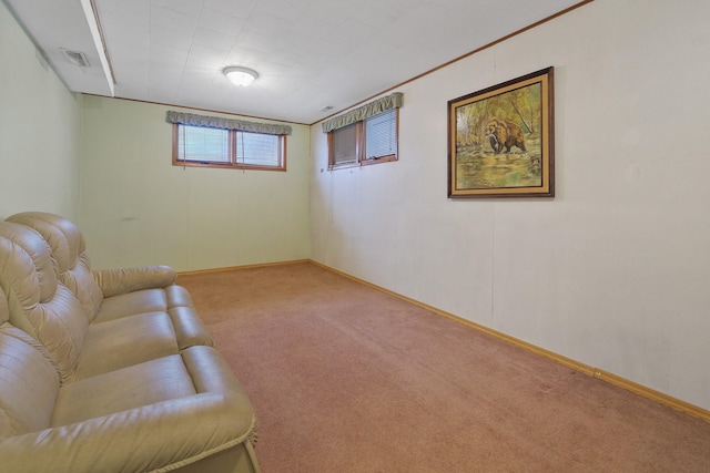 living area with light colored carpet