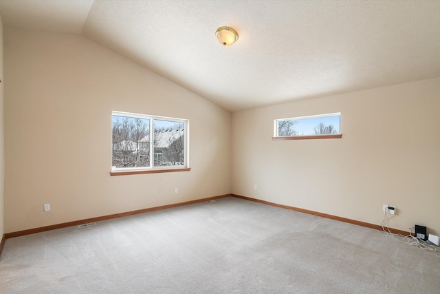 empty room featuring light carpet, a wealth of natural light, and lofted ceiling