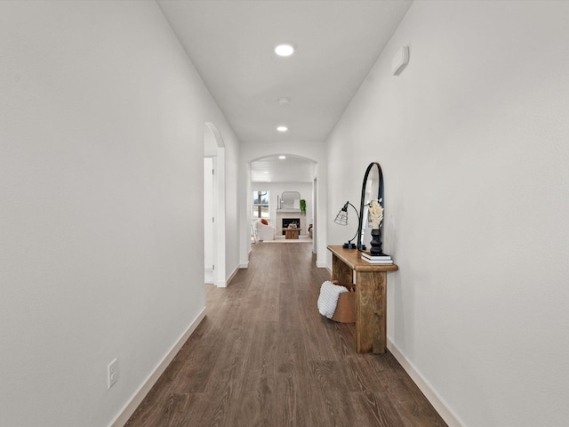 hallway with dark hardwood / wood-style floors