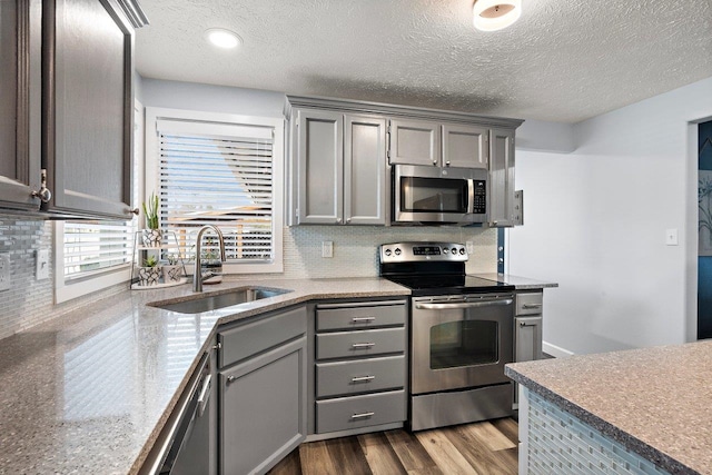 kitchen with gray cabinetry, sink, tasteful backsplash, light hardwood / wood-style floors, and appliances with stainless steel finishes