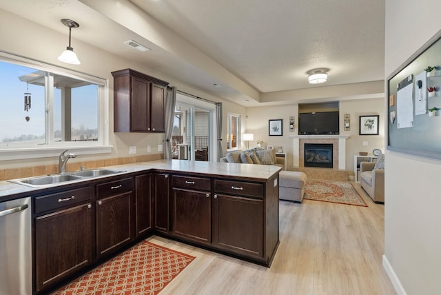 kitchen with dishwasher, light hardwood / wood-style flooring, hanging light fixtures, and sink