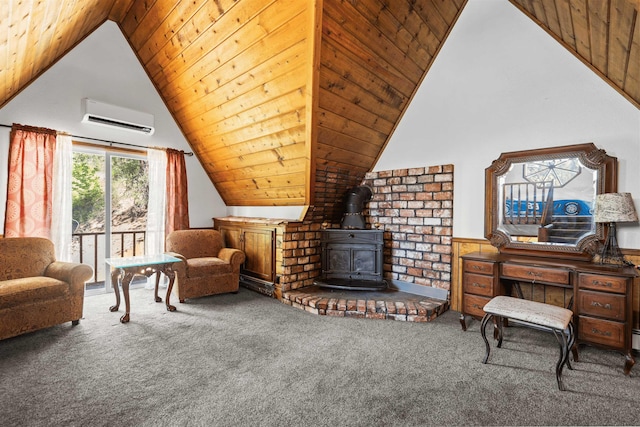 interior space featuring carpet, vaulted ceiling, a wall unit AC, wooden ceiling, and a wood stove