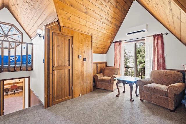 sitting room with wooden ceiling, an AC wall unit, wood walls, carpet floors, and vaulted ceiling