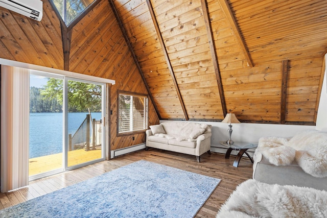 unfurnished living room featuring hardwood / wood-style flooring, beam ceiling, a water view, and wooden ceiling