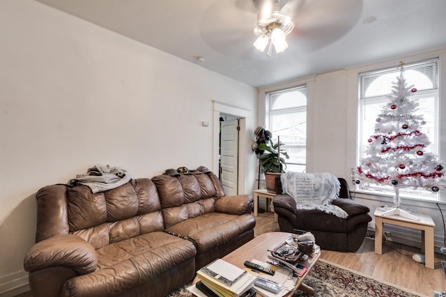 living room featuring ceiling fan and hardwood / wood-style floors