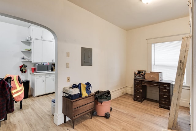 home office featuring electric panel and light hardwood / wood-style flooring