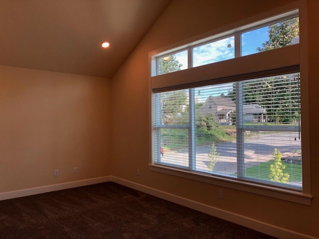 carpeted spare room with a healthy amount of sunlight and vaulted ceiling