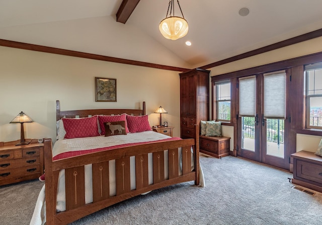 bedroom featuring french doors, vaulted ceiling with beams, access to outside, and light colored carpet