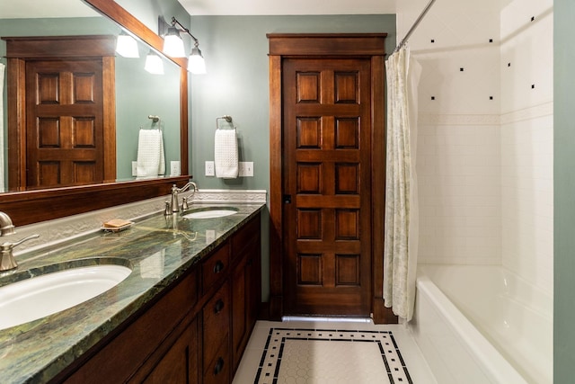 bathroom with tile patterned floors, vanity, and shower / bathtub combination with curtain