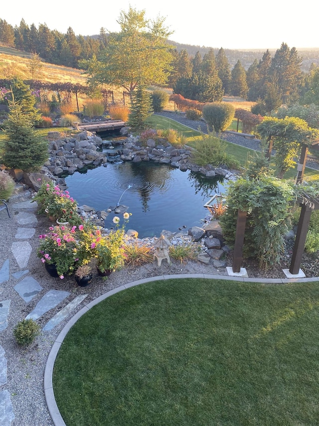 view of yard featuring a garden pond