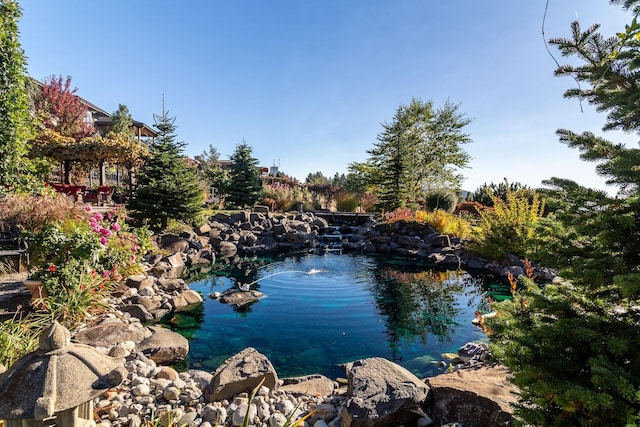 property view of water with a garden pond