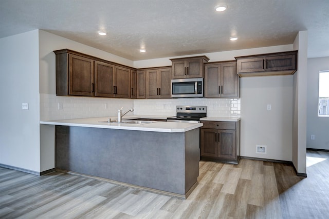 kitchen with a sink, a peninsula, stainless steel appliances, tasteful backsplash, and light wood-type flooring