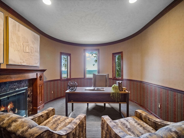 carpeted home office with a textured ceiling, crown molding, and a premium fireplace