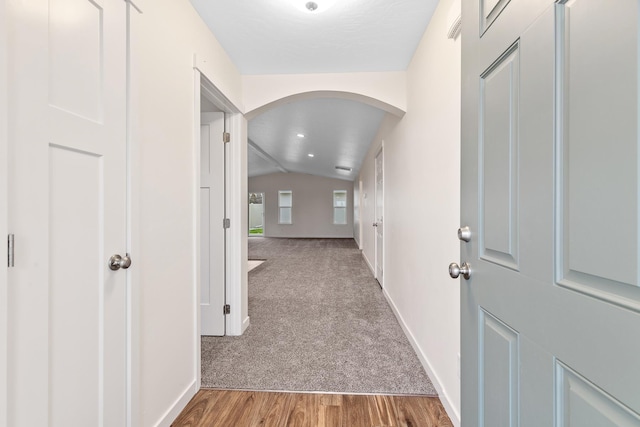 hallway featuring carpet and lofted ceiling