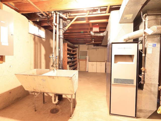 basement with electric panel and sink