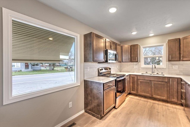 kitchen featuring stainless steel appliances, sink, backsplash, and light wood-type flooring