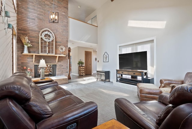 living room featuring high vaulted ceiling and carpet floors