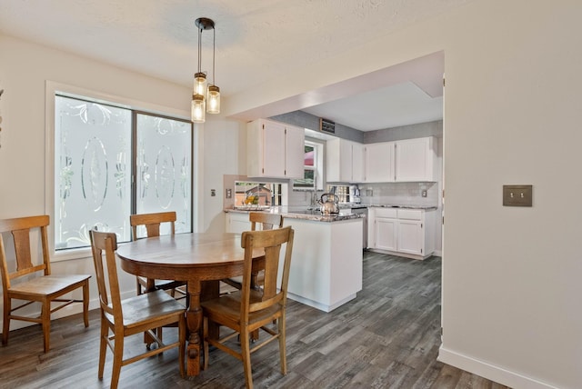 dining area featuring dark wood-type flooring and a wealth of natural light