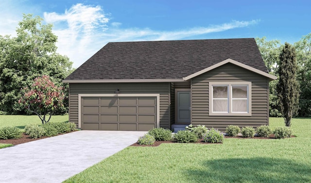 view of front of property featuring a front lawn and a garage